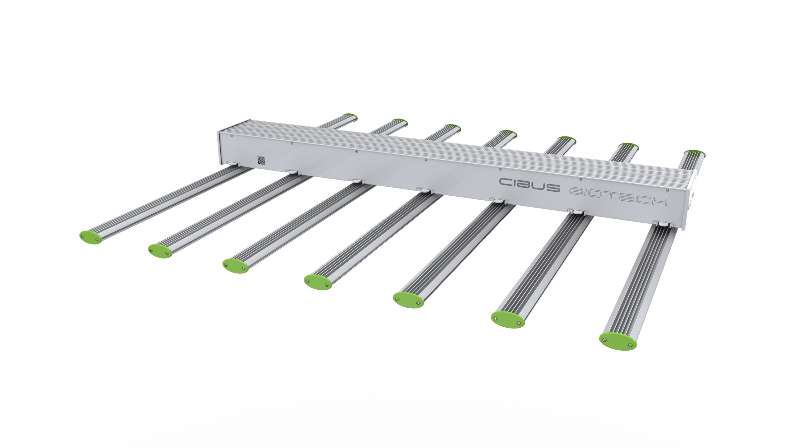 Cibus One modular horticultural LED fixture with silver light bars and green end caps